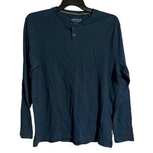 Larsson & Co Mens Long Sleeve Henley Shirt Size M Blue 100% Cotton Waffle Weave